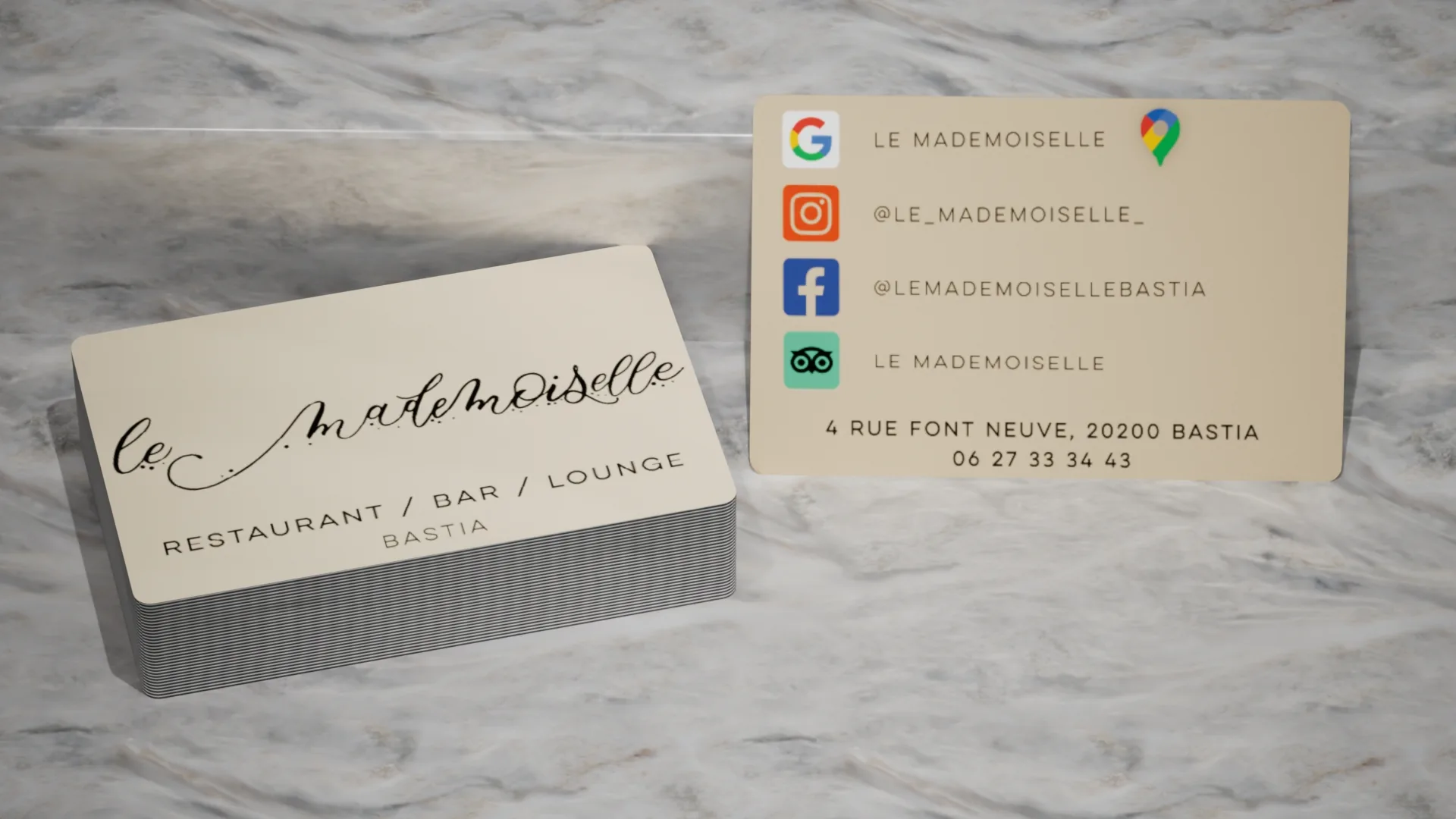 Carte de visite du Mademoiselle, restaurant et bar à Bastia